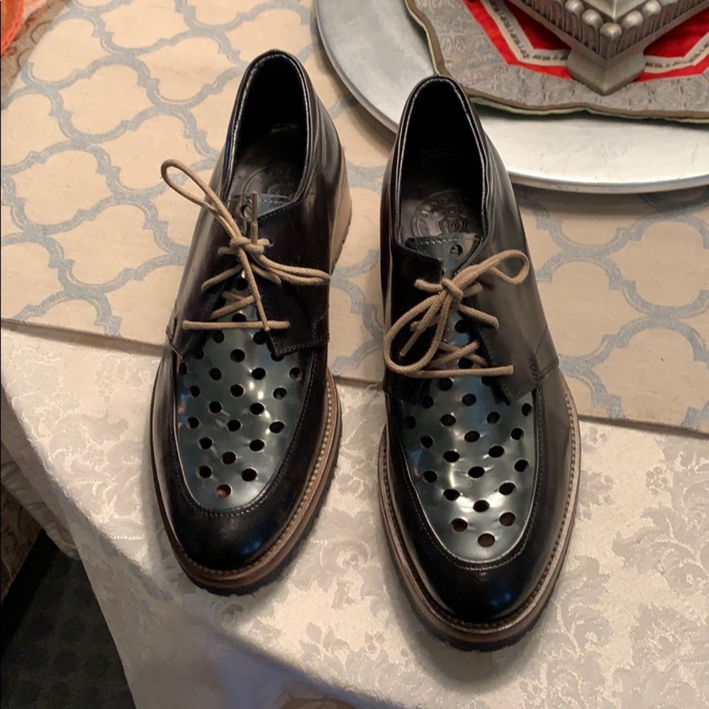 Black Leather Perforated Lace-Up Flats